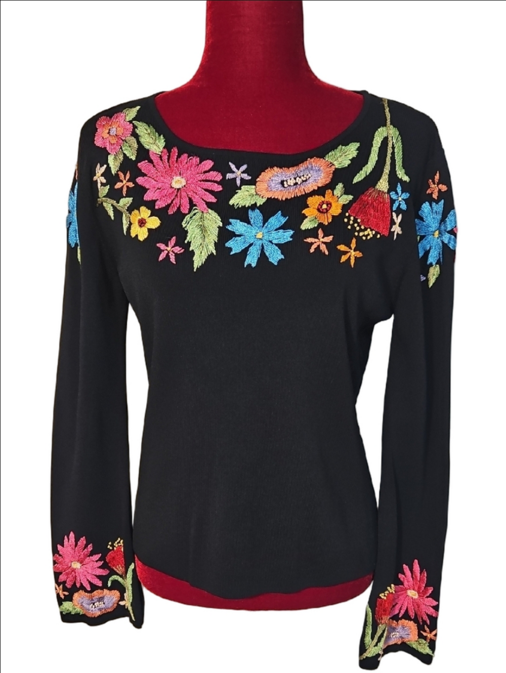 Black Sweater with Multicolor Floral Embroidery Size Large